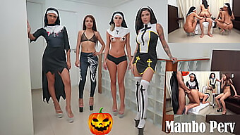 4人のいたずらな修道女がハロウィンに罪深い儀式と逆グループセックス(アナル、グループセックス、オーラル、異人種間)を楽しむ