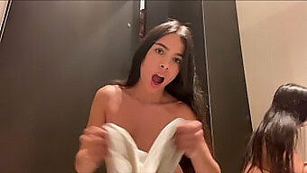 Young Brunette Gets Fingered To A Strong Orgasm In The Gym Fitting Room